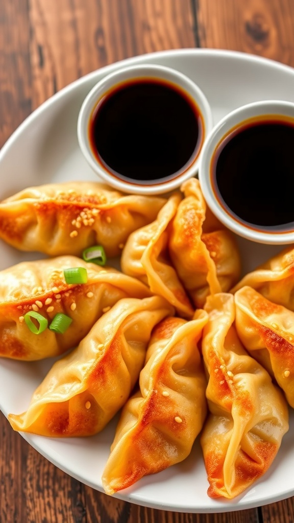 A plate of crispy dumplings with soy sauce and garnished with sesame seeds and green onions.